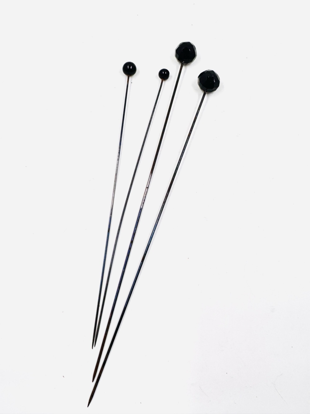 Vintage Black Enamel Metal Hat Pins With Faceted & Smooth Ball Tips 7.5” & 6.5”